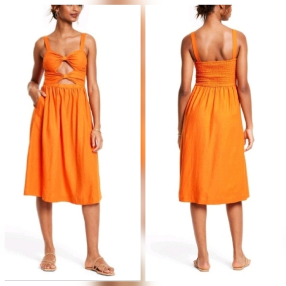 Fe Noel x Target Double Cut Out Midi Dress Orange Smocked Linen Blend - Picture 1 of 12